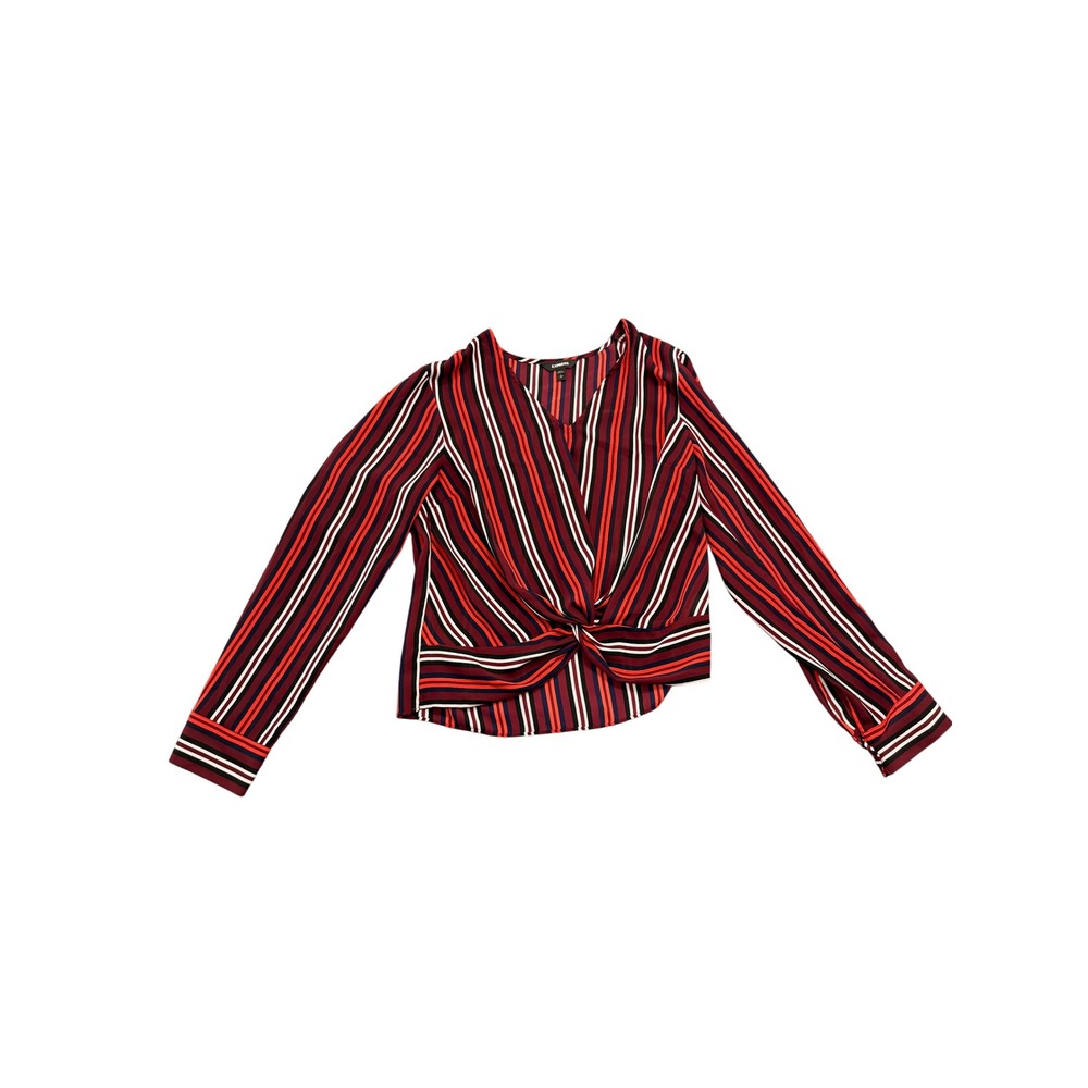 Express Womens Red Navy Striped Long Sleeve Twist Front V-Neck Blouse Size S